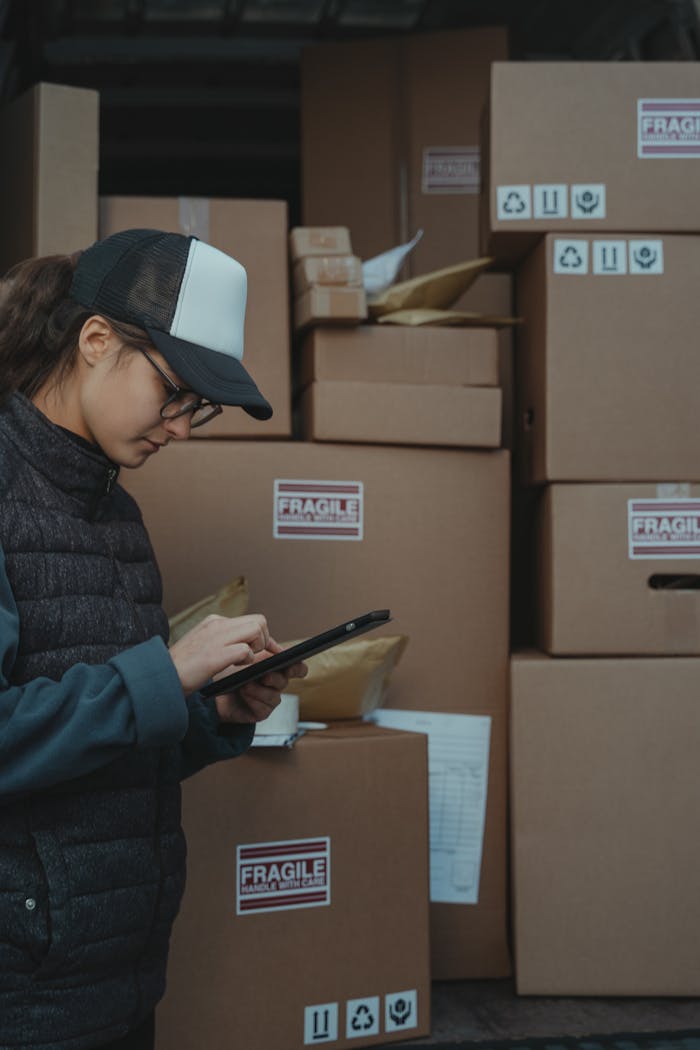 services-03 A warehouse employee checks inventory on a tablet beside stacked boxes marked fragile.